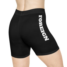 Load image into Gallery viewer, Black Women's Biker Shorts with Side 'FOREIGN' Bold Text — Athletic Casual Activewear