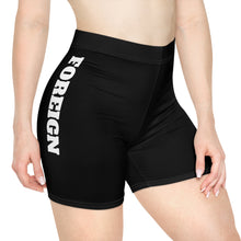 Load image into Gallery viewer, Black Women's Biker Shorts with Side 'FOREIGN' Bold Text — Athletic Casual Activewear
