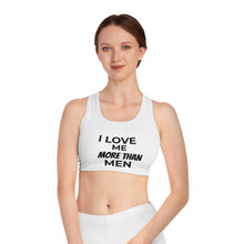 Load image into Gallery viewer, I Love Me More Than Men Sports Bra — Feminist Self-Love Activewear
